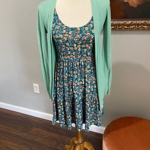 NWT Jun & Ivy XS Colorful Dress + Green Cardigan